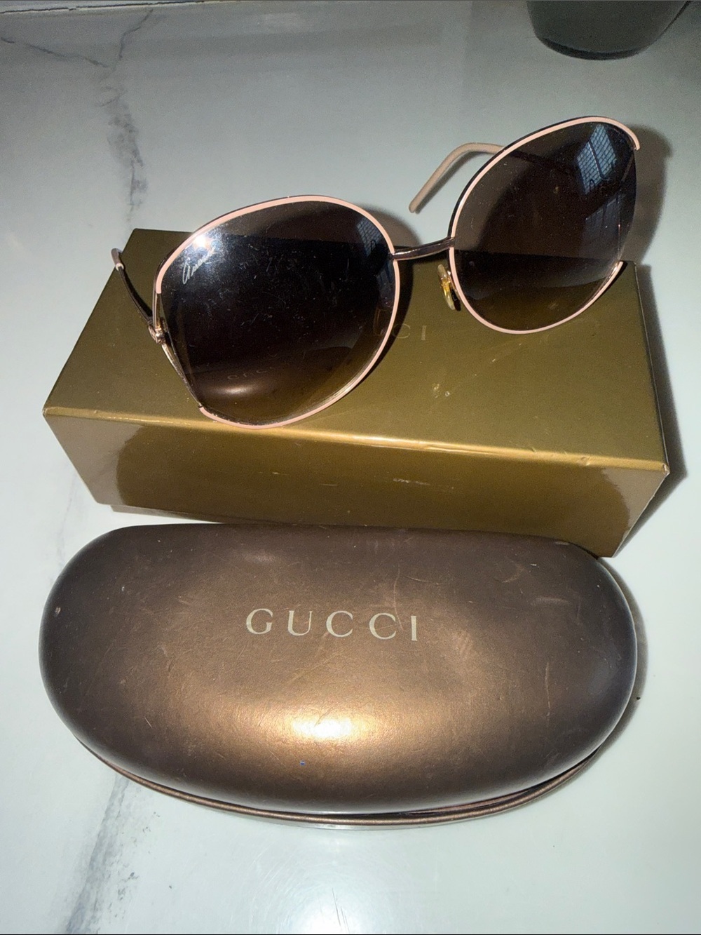 Gucci Women's Rose Gold Frame Sunglasses with Gradient Brown Lenses